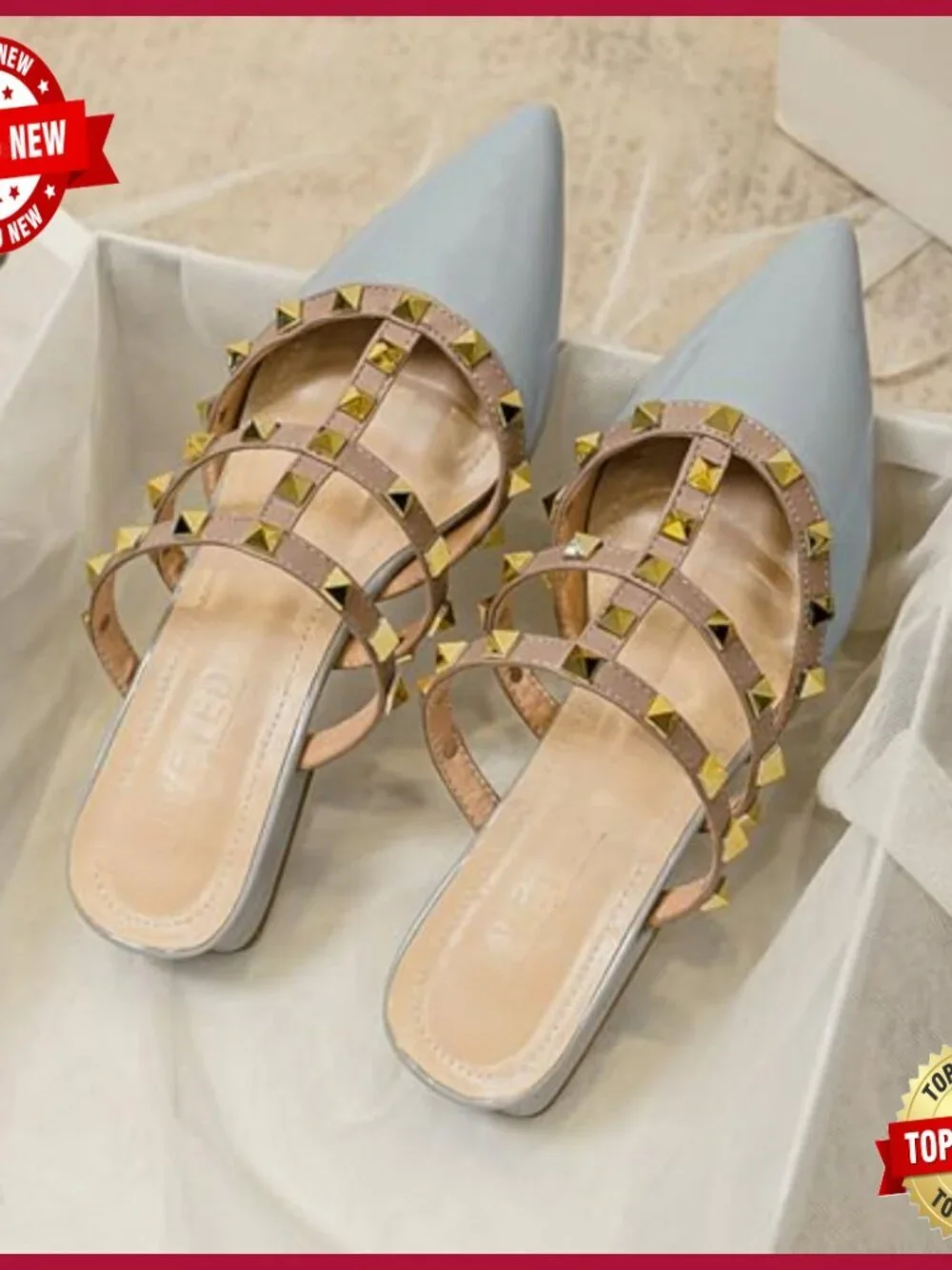 Patent Leather Pointed Toe Heeled Sandals with Rivet Studs Chunky Mid Heel
